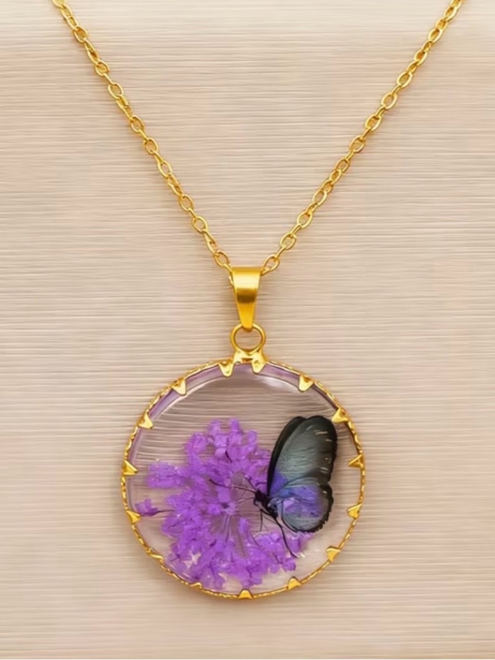 Gold Necklace with Pressed Blue Butterfly and Purple Flower Pendant